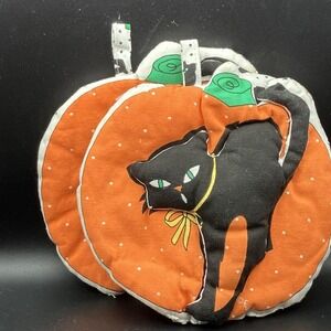 2 - Vintage FWD Black Cat & JOL Potholders / Pumpkin / Halloween Hot Pads